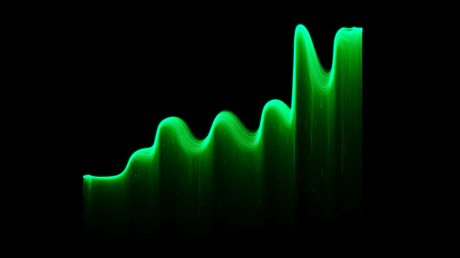 Abstract render of emerald light ribbons ascending like a growth curve